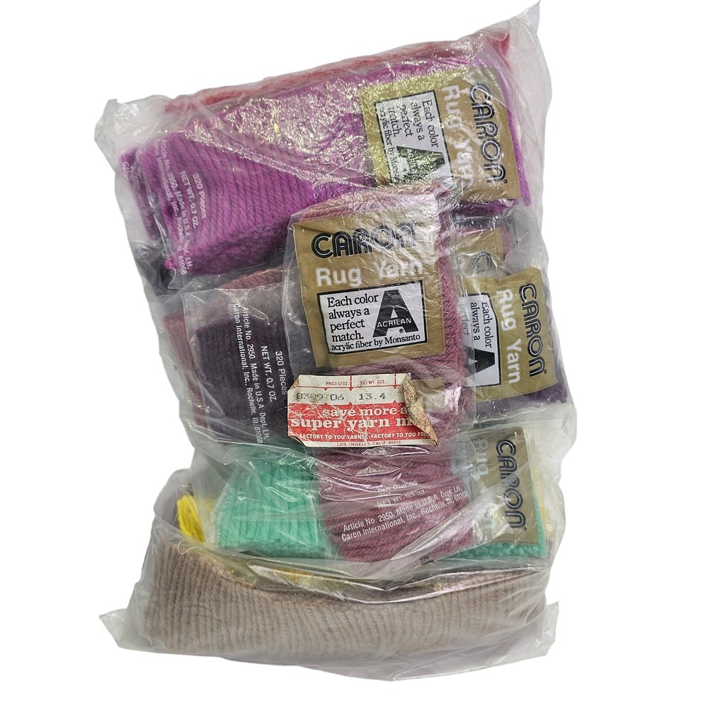 Caron Rug Yarn Vintage Lot 19 Packs Acrilan Acrylic Pre Cut Latch Hook 320 Pcs